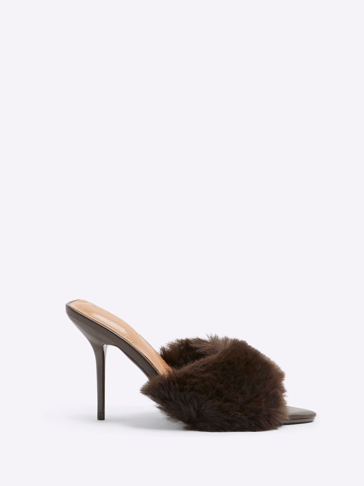 River Island Brown Faux Fur Heeled Mules - Image 1 of 5