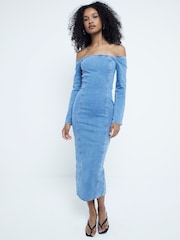 River Island Blue Denim Bardot Midi Dress - Image 1 of 4