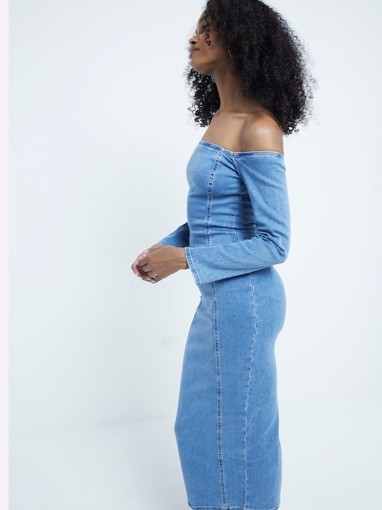 River Island Blue Denim Bardot Midi Dress - Image 2 of 4