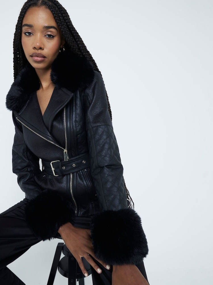 River Island Black Faux Leather Quilted Buckle Biker Jacket - Image 1 of 4