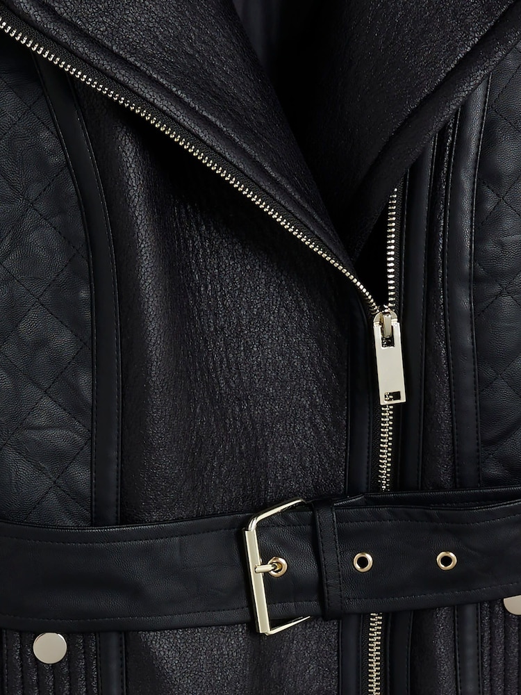 River Island Black Faux Leather Quilted Buckle Biker Jacket - Image 4 of 4