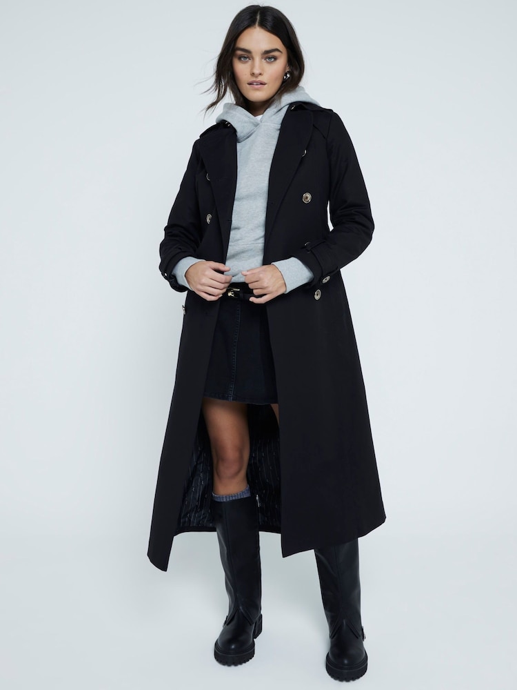 River Island Black Long Line Tailored Trench 100% Cotton Coat - Image 1 of 6