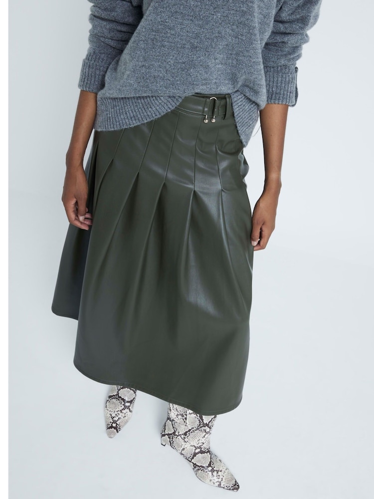 River Island Green Faux Leather Pleated Midi Skirt - Image 2 of 6