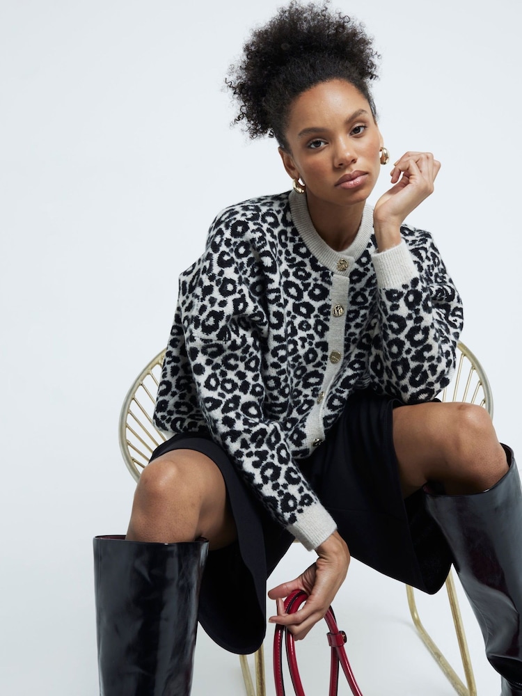 River Island Cream Animal Print Oversized Cardigan - Image 1 of 6 River Island Cream Animal Print Oversized Cardigan - Image 1 of 6