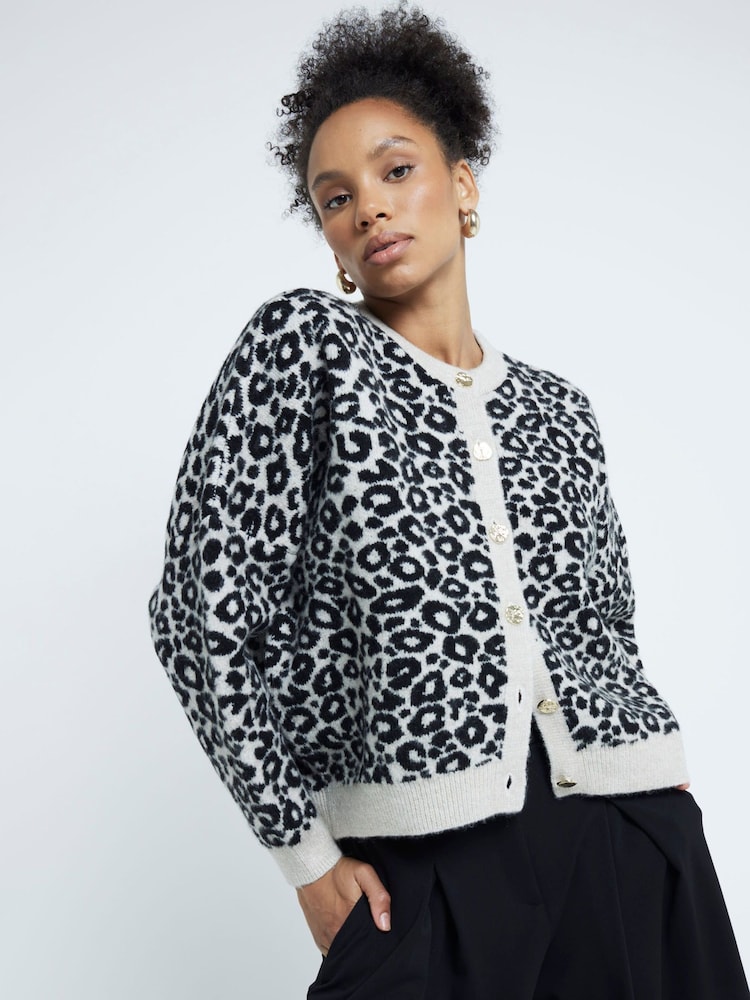 River Island Cream Animal Print Oversized Cardigan - Image 2 of 6 River Island Cream Animal Print Oversized Cardigan - Image 2 of 6