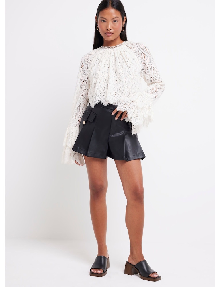 River Island Black Petite Military Faux Leather Shorts - Image 2 of 6 River Island Black Petite Military Faux Leather Shorts - Image 2 of 6