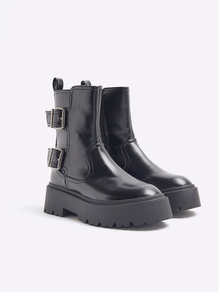 River Island Black Double Buckle Chunky Boots - Image 2 of 6