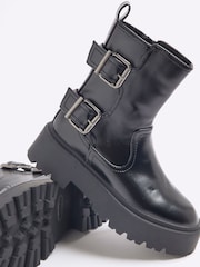 River Island Black Double Buckle Chunky Boots - Image 5 of 6