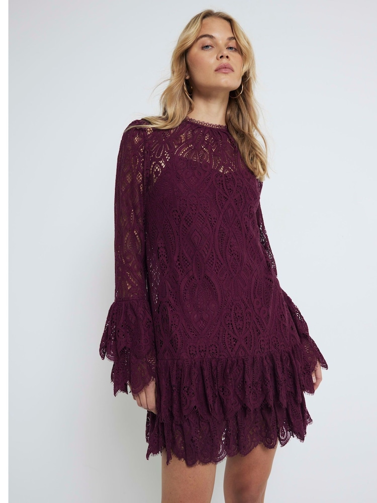 River Island Red Burgundy Lace Tiered Shift Dress - Image 1 of 4
