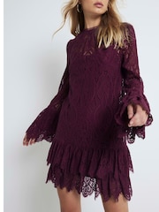 River Island Red Burgundy Lace Tiered Shift Dress - Image 3 of 4