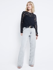 River Island Black Long Sleeve Lace T-Shirt - Image 1 of 4