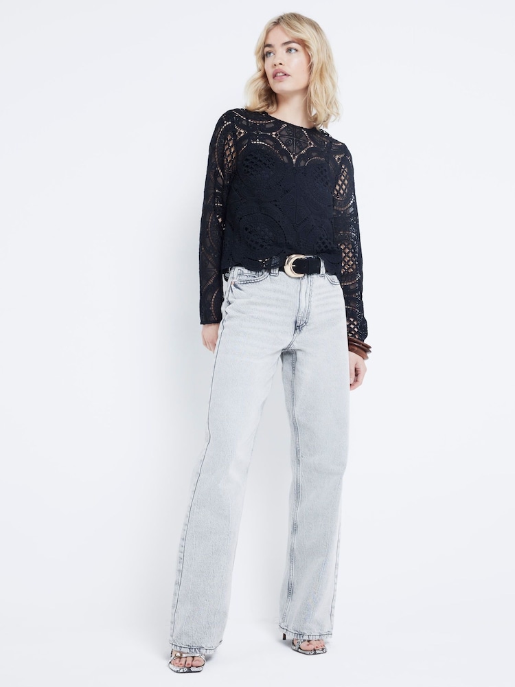 River Island Black Long Sleeve Lace T-Shirt - Image 1 of 4