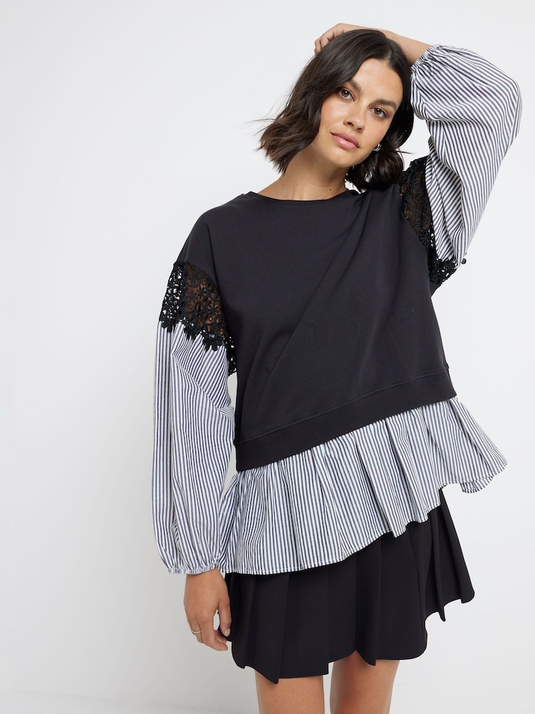 River Island Black Shirt Hem 100% Cotton Sweatshirt - Image 1 of 4