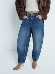 River Island Blue 100% Cotton Petite High Rise Barrel Jeans - Image 1 of 7