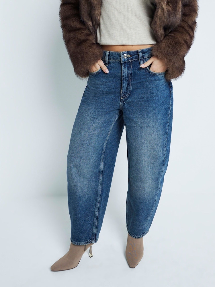 River Island Blue 100% Cotton Petite High Rise Barrel Jeans - Image 1 of 7
