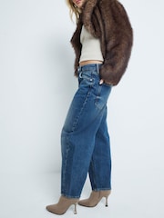 River Island Blue 100% Cotton Petite High Rise Barrel Jeans - Image 3 of 7