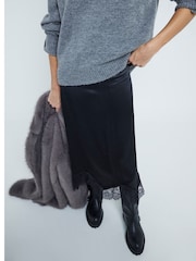 River Island Black Lace Hem Midi Satin Skirt - Image 1 of 4