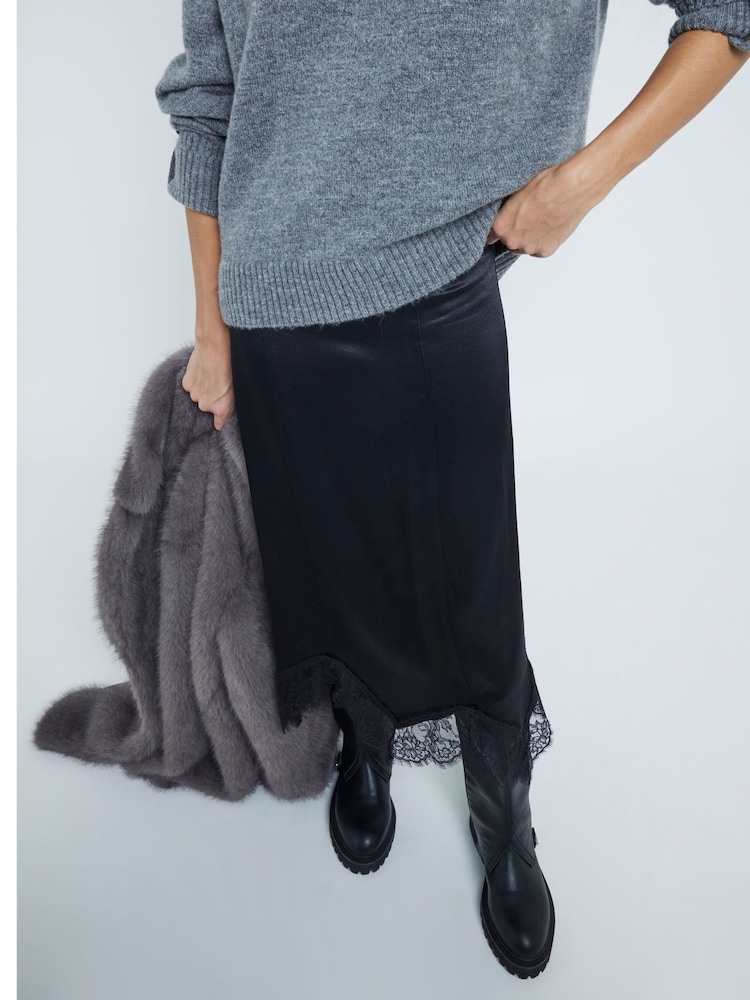 River Island Black Lace Hem Midi Satin Skirt - Image 1 of 4