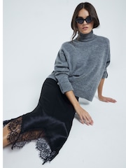 River Island Black Lace Hem Midi Satin Skirt - Image 2 of 4