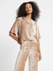 River Island Cream Cream Velvet Plisse Textured T-Shirt - Image 1 of 4