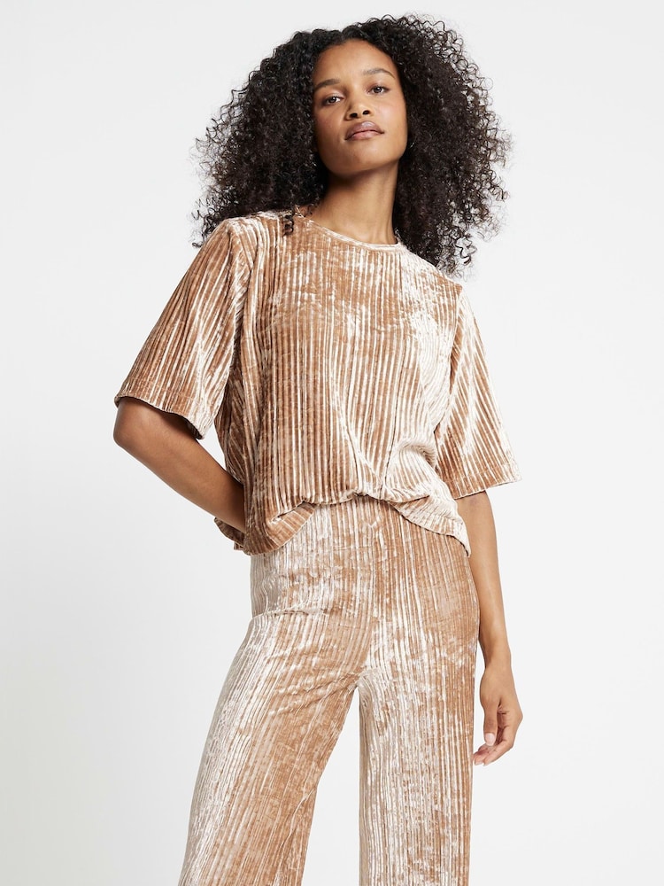 River Island Cream Cream Velvet Plisse Textured T-Shirt - Image 1 of 4