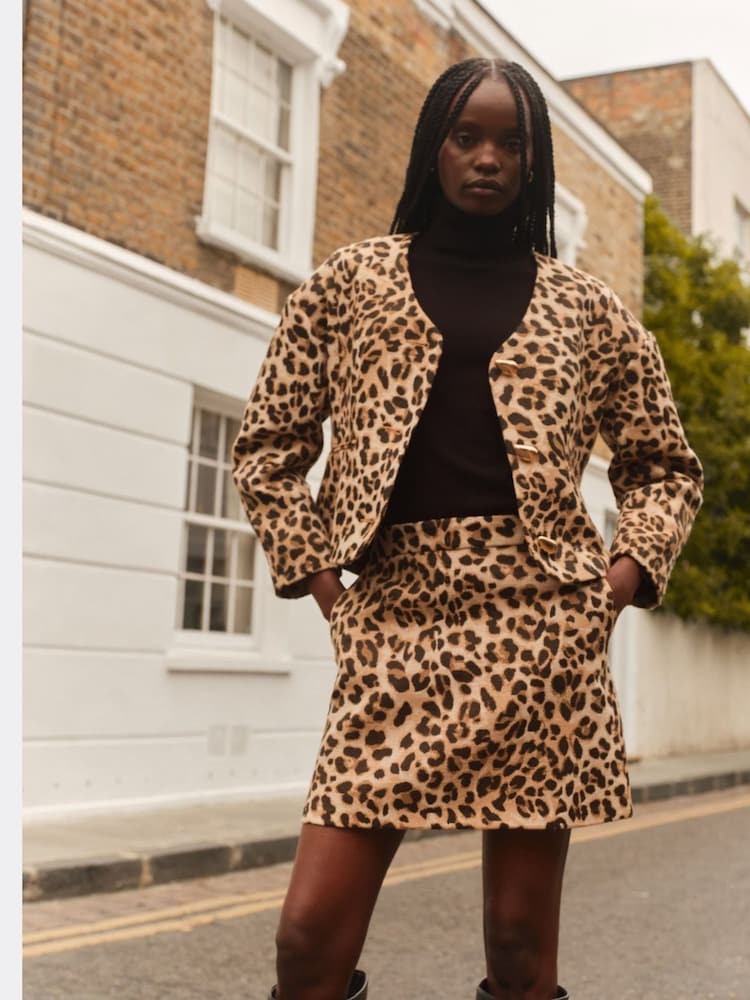 River Island Brown Leopard Scuplted Cocoon Jacket - Image 1 of 6 River Island Brown Leopard Scuplted Cocoon Jacket - Image 1 of 6
