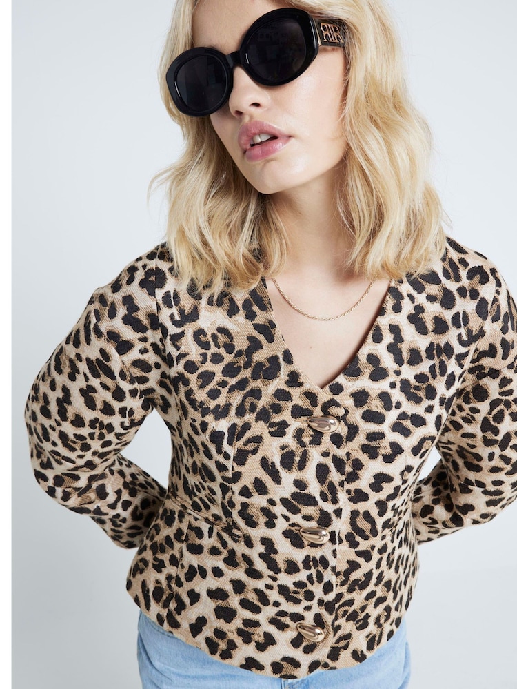 River Island Brown Leopard Scuplted Cocoon Jacket - Image 2 of 6 River Island Brown Leopard Scuplted Cocoon Jacket - Image 2 of 6