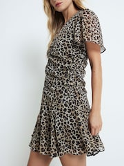 River Island Brown Leopard Ruched V-Neck Chiffon Mini Dress - Image 1 of 4