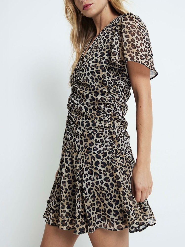 River Island Brown Leopard Ruched V-Neck Chiffon Mini Dress - Image 1 of 4
