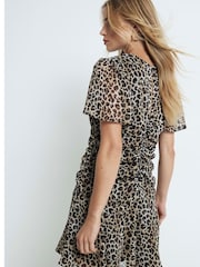 River Island Brown Leopard Ruched V-Neck Chiffon Mini Dress - Image 2 of 4