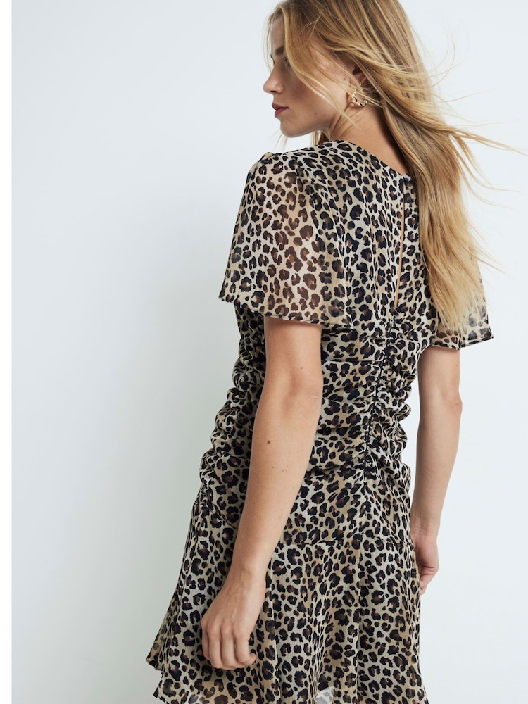 River Island Brown Leopard Ruched V-Neck Chiffon Mini Dress - Image 2 of 4