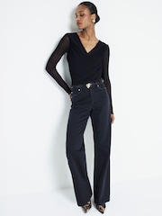 River Island Black Long Sleeve Drape Wrap Mesh Top - Image 1 of 4