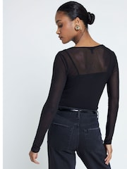 River Island Black Long Sleeve Drape Wrap Mesh Top - Image 2 of 4