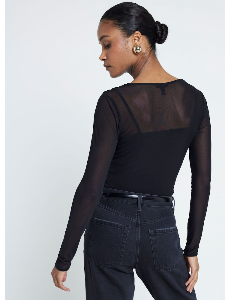 River Island Black Long Sleeve Drape Wrap Mesh Top - Image 2 of 4