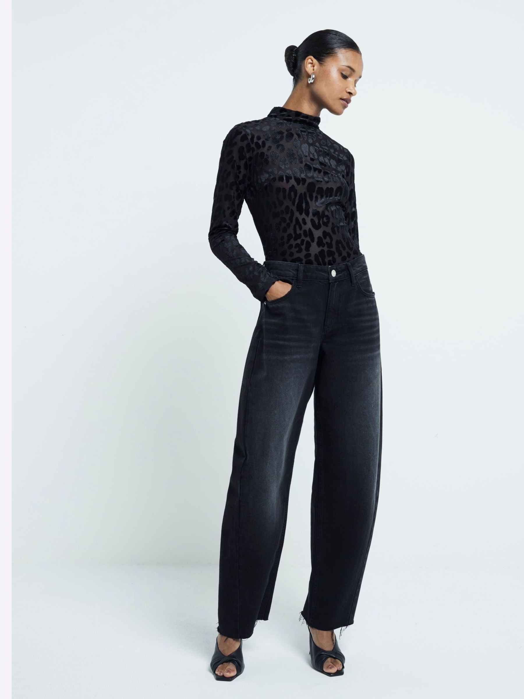 Buy River Island Black Leopard print High Neck Bodysuit from