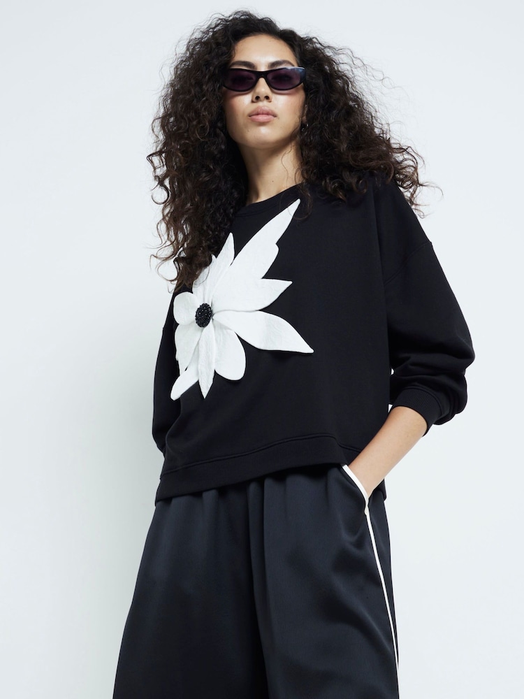 River Island Black Mono Flower Print 100% Cotton Sweatshirt - Image 1 of 6
