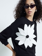 River Island Black Mono Flower Print 100% Cotton Sweatshirt - Image 3 of 6