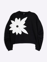 River Island Black Mono Flower Print 100% Cotton Sweatshirt - Image 5 of 6