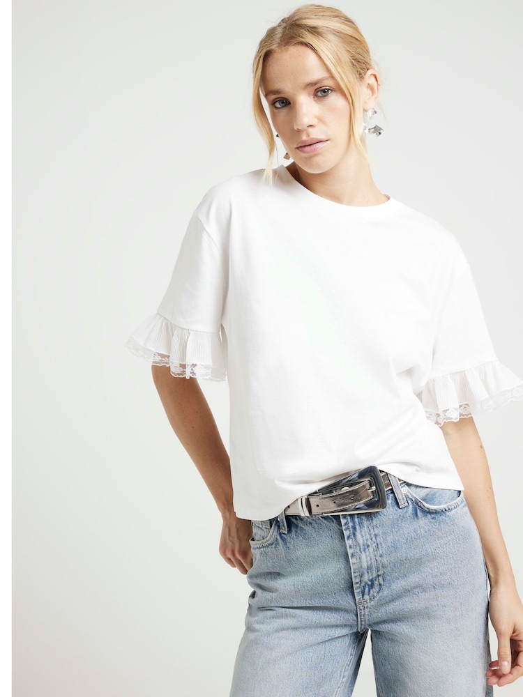 River Island White Lace Trim 100% Cotton T-Shirt - Image 1 of 4