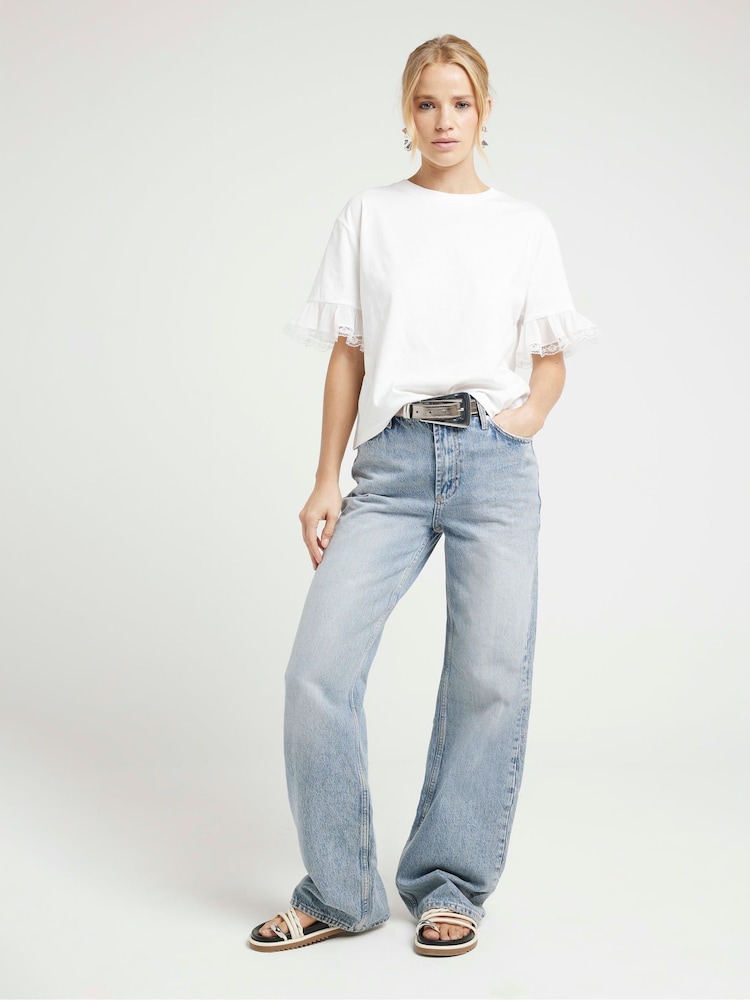 River Island White Lace Trim 100% Cotton T-Shirt - Image 2 of 4