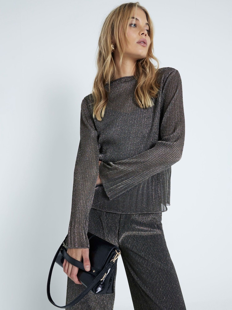 River Island Silver Flute Sleeve Plisse Hem Top - Image 1 of 4