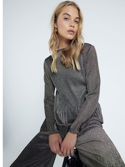 River Island Silver Flute Sleeve Plisse Hem Top - Image 3 of 4