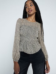 River Island Brown Beige Printed Shirred Chiffon Blouse - Image 1 of 4