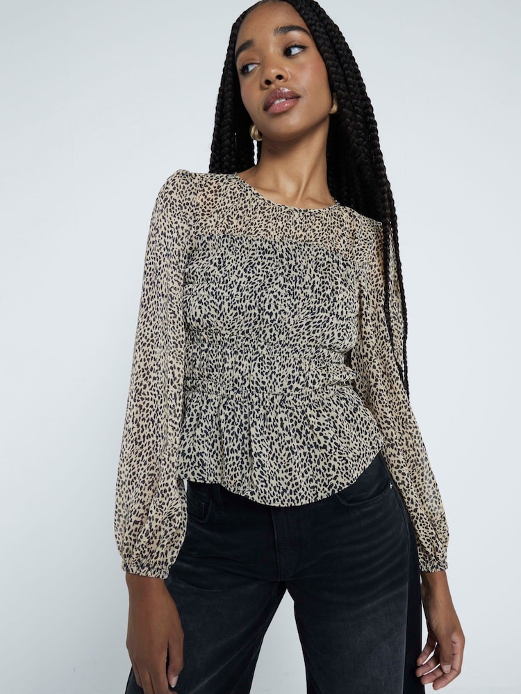 River Island Brown Beige Printed Shirred Chiffon Blouse - Image 1 of 4
