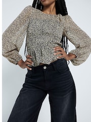 River Island Brown Beige Printed Shirred Chiffon Blouse - Image 3 of 4