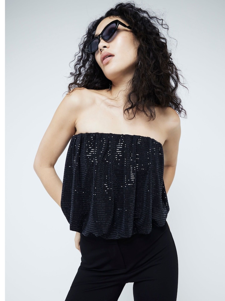 River Island Black Glitter Bubble Bandeau Top - Image 3 of 6
