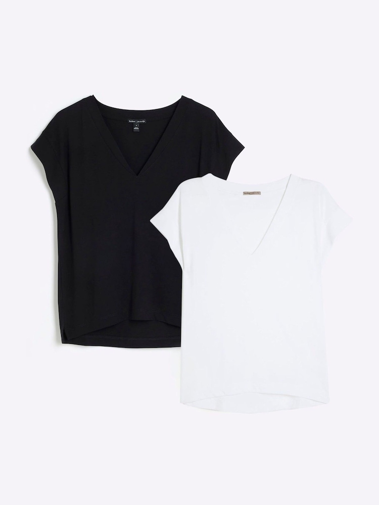 Black/White Chrome - River Island Multipack Smart V-Neck T-Shirts 2 Pack - Imagen 1 de 6