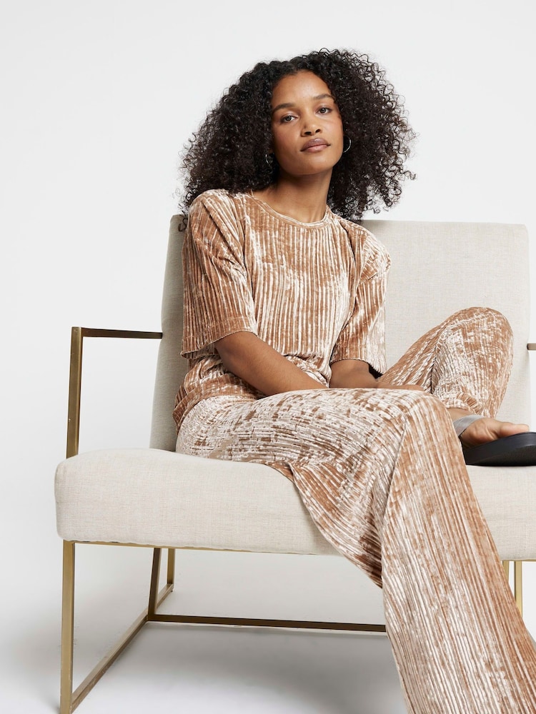 River Island Cream Velvet Plisse Trousers - Image 1 of 4