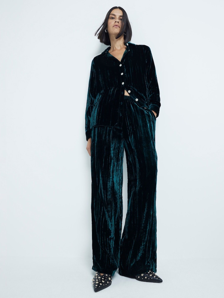 River Island Green Velvet Wide Leg 100% Cotton Trousers - Image 1 of 4