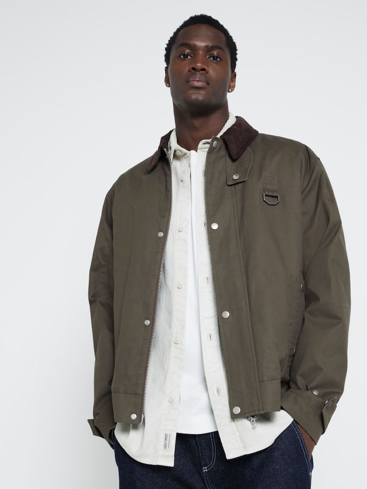 River Island Khaki Regular fit Collar Waxed 100% Cotton Jacket - Image 1 of 6